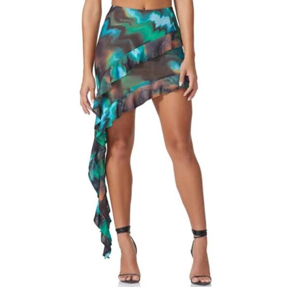 AFRM Harra Cascading Ruffle Mesh Mini Skirt in Water Wave Size M - Picture 1 of 6